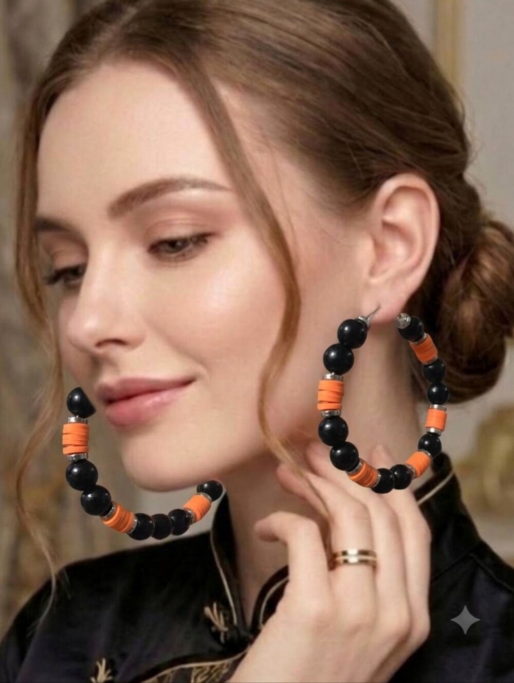 Halloween hoop earrings featuring wooden beads and Heishi discs 6 cm